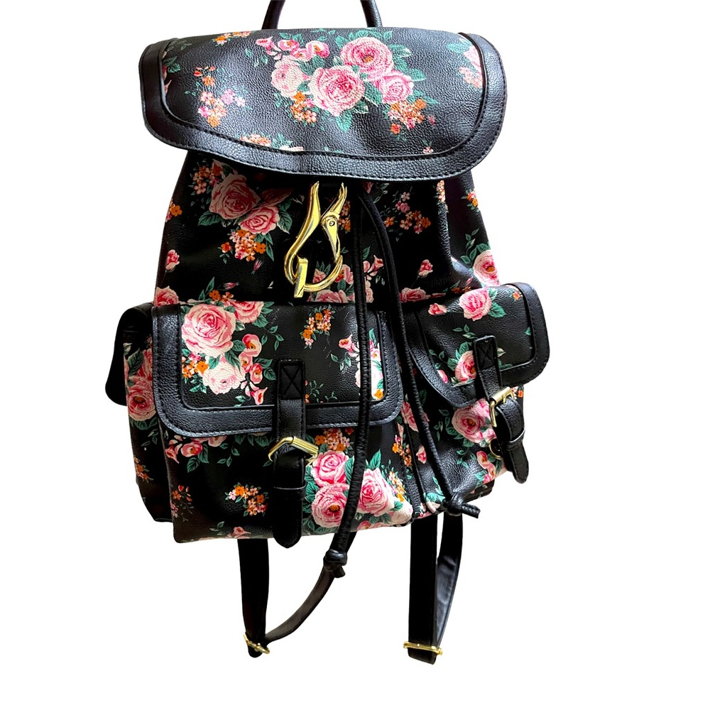 Backpack Black Pink Floral Multiple Compartments